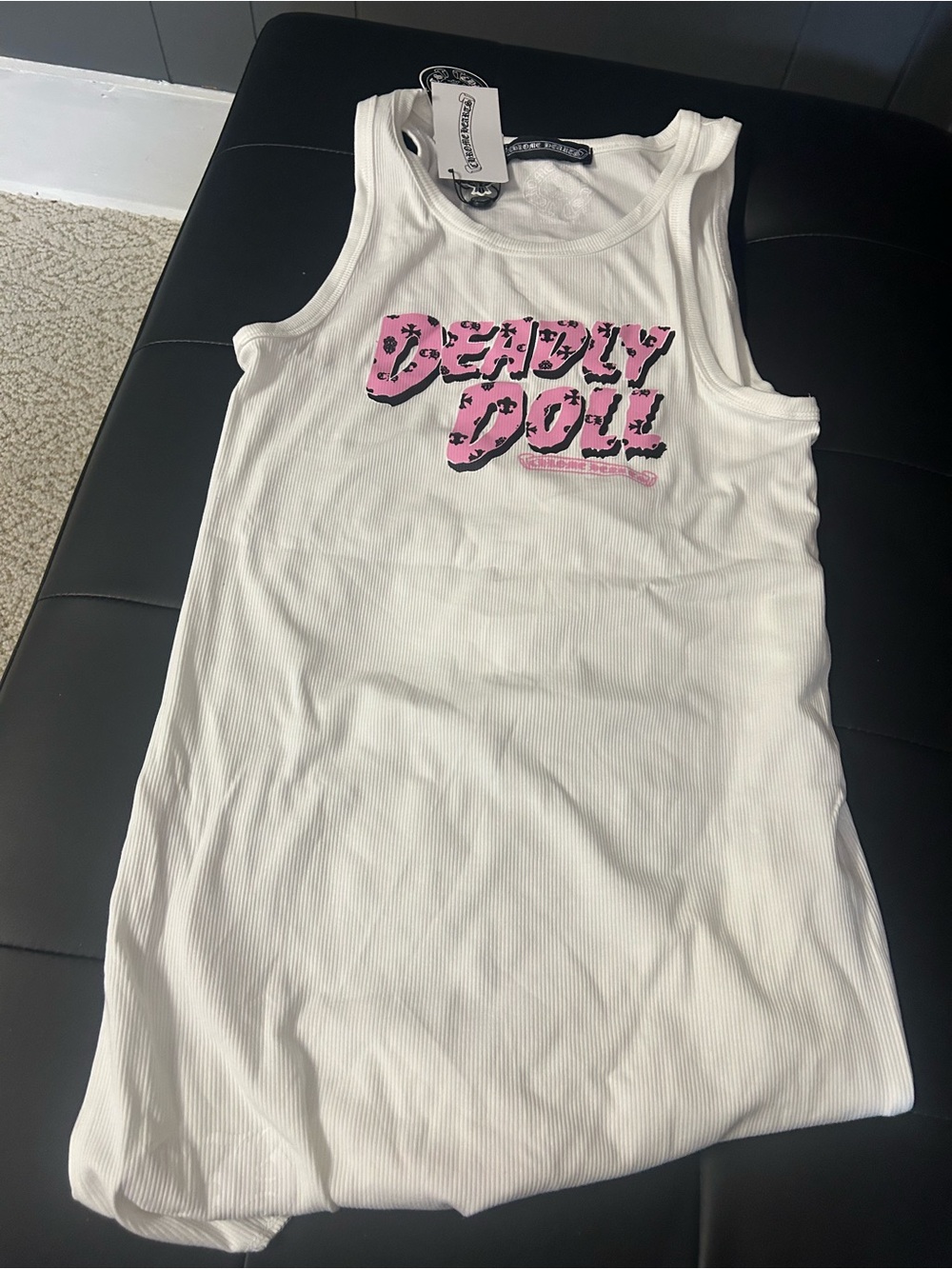 Chrome Hearts White Ribbed Tank Top with Pink 'Deadly Doll' Graphic